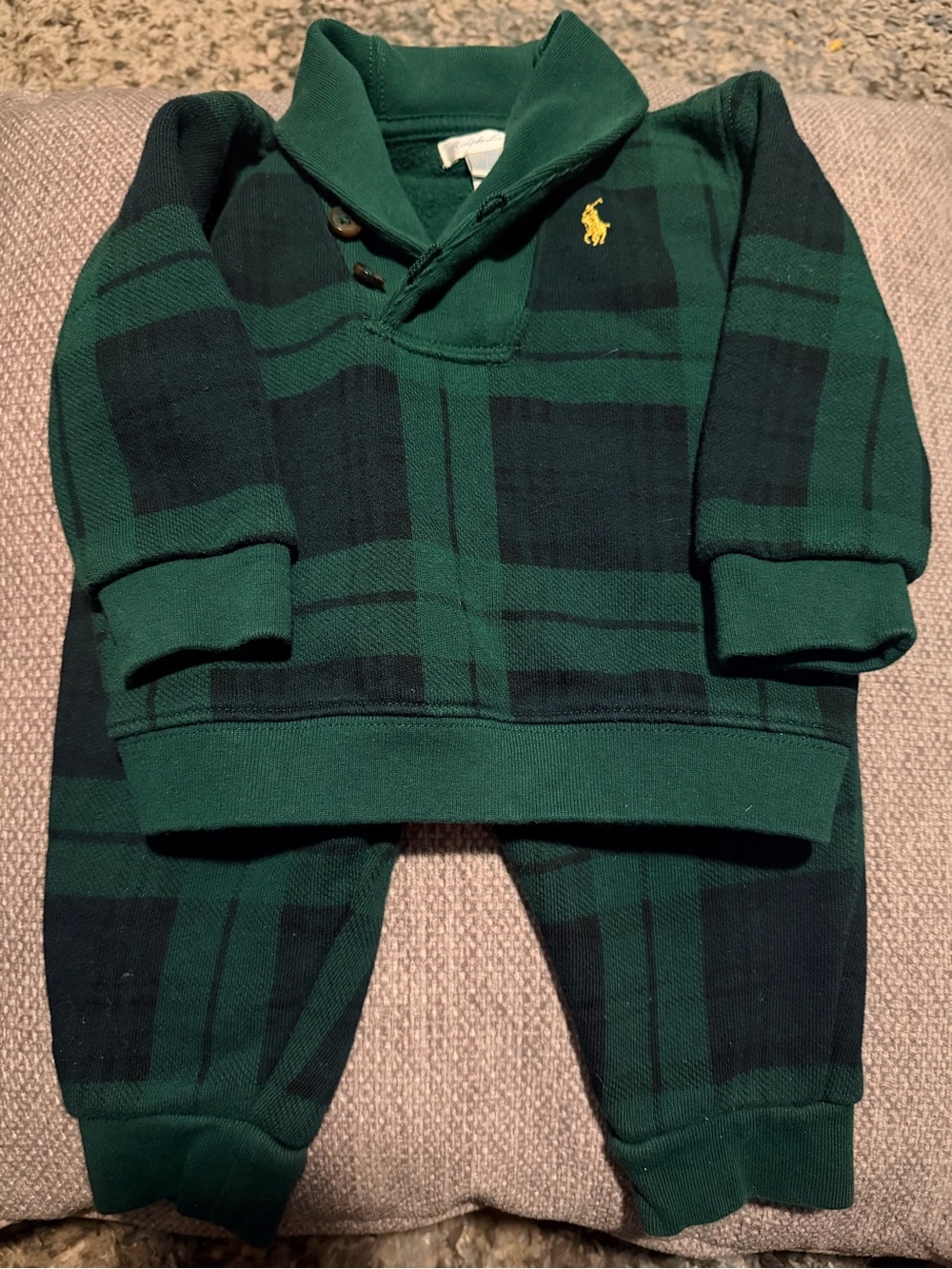 Ralph Lauren Dark Green & Black Plaid Shawl Collar Hoodie for Kids